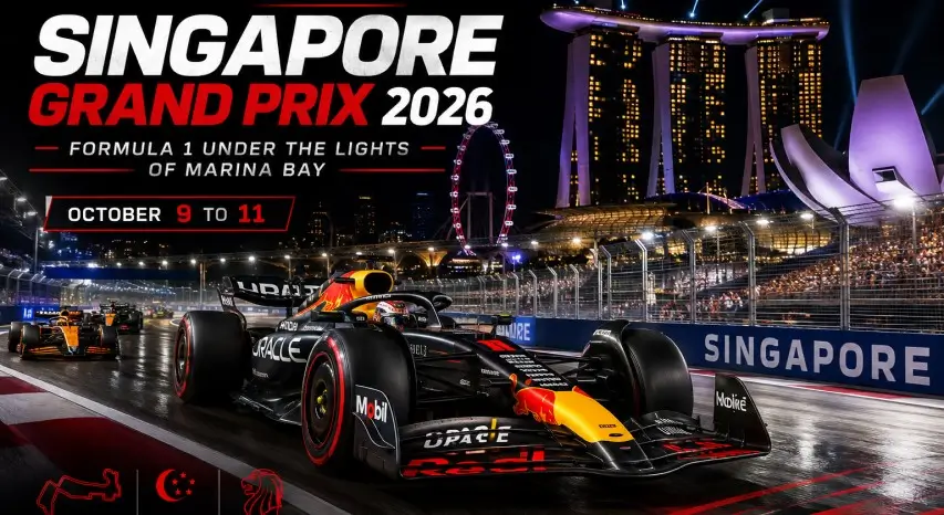 Formula 1 Cars Racing Under Floodlights at Marina Bay Street Circuit Singapore GP 2026